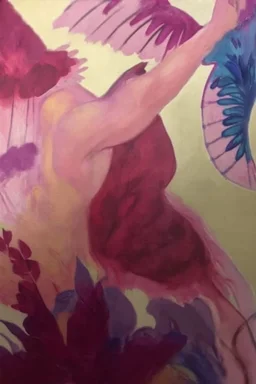 Divine feminine is a surreal painting inspired by cool tones of violet, teal blue, cobalt blue, eggplant purple, and red watercolors; Golden Hour; Exquisitely Detailed