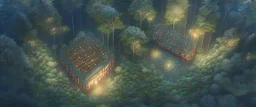 top view that warm, a huge library in forest with fireflies around trees that have wide leaves and broad trunked. Realistic.