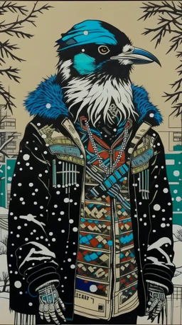 A contemporary serigraphy portrait by Kunisada of a crow adorned in a punk leather jacket within a snowy Christmas atmosphere.