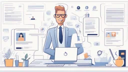 The image for the article embodies the concept of building a personal brand and achieving success in the digital world. The frame exudes a sense of professionalism, featuring an individual dressed in stylish attire seated in front of a computer screen, reflecting dedication and professionalism in the digital workspace. On the other side of the screen, there are icons and logos of popular social media platforms such as Facebook, Twitter, and Instagram, indicating personal reliance on these platfo