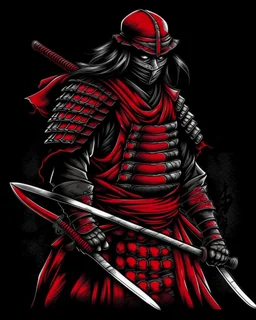 samurai with a katana, into an armor, red black colors,