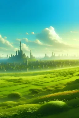 A fantasy city that can only be seen far away on the horizon of an infinite grass field,. Their buildings are little more than points of light.