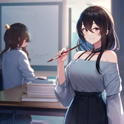 Clear focus, High resolution, a anime adult, cute, cartoony style, smiling, hair between eyes, holding a pencil, small forhead, female, medium length hair, long locks, lots of bangs, teacher, wearing a off shoulder shirt