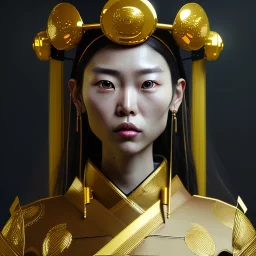 Japanese woman, rounded face, black, gold, samurai helmet, decorative color feathers, retro, bamboo, leather, soft color, highly detailed, art stations, concept art, smooth, unreal engine 5, god rays, ray tracing, RTX, lumen lighting, ultra detail, volumetric lighting, 3d, finely drawn, high definition, high resolution.