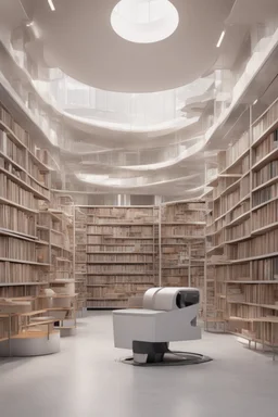 A modern library. Robotic book delivery, everything is automated. Cutting-edge library interior design. Everything is drawn in detail, in high resolution. 8k