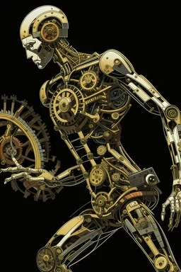 mechanical man punk cypher dancing detailed cogs and screws leonardo da vinci style detail STYLE OF Hiroshi Nagai