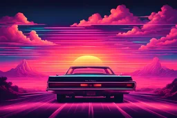 Retro wave, synth wave, with neon light, sunset, clouds, 1960ies car from the back, driving
