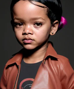 Rihanna toddler, full height, leather jacket, soft skin, dramatic lighting, hyper realistic