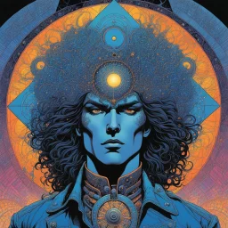 Art: Psychedelic Heavy Metal comic book illustration by Moebius and Philippe Druillet, inspired by Metal Hurlant) Subject: A detailed, kaleidoscopic visualization of the inside of a person’s mind having a breakthrough. The protagonist, a wild-haired, wide-eyed human figure wearing a battered denim jacket and tattered bell-bottoms, is falling through a wormhole of perception. The figure's body is partially composed of melting neurons and glowing binary code. Environment: They are surrounded by