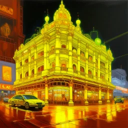 A yellow casino with flashing lights painted by Cai Jia