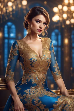 full body Office women, gorgeous, glamours, ,clean face, showing in 4k format, intricate work of magical art, movie poster, full body, gold and blue lace dress, in cg society trends, complex, very detailed bright, staged rendering of the character, super high quality model, beautiful face, background in style bokeh