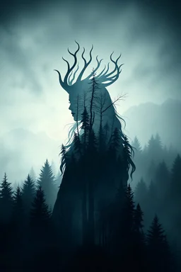 Silhouette of a Nordic queen filled with a forest , double exposure, crisp lines, detailed background. Surrealism. Grotesque. Mystical lighting, super detailed photo realistic image symbolising the inexorability and inscrutability of Time. Superimposition of images. Light fog. Photo with fantastic beasts and vivid allegories typical of Dürer. Abstract surrealism, stylized dramatic art with a touch of Renaissance symbolism. Minimalist design intertwined with detailed, strange surreal scenes