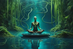 Ecological Art, plants, floating earths, long leaf tendrils, green colors and shades, in blue waters full body beauty mitical human-plants mutant meditates in stunning alien flora , cinematic, mistic mood