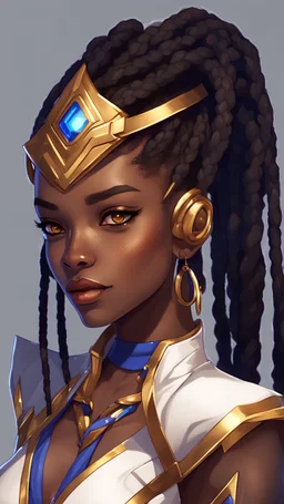 sci-fi, arcane animation series style, league of legends, Solo, 1girl, attractive female with freckles, african, dark skin, golden eyes, dark hair, braided dreadlocks, earrings, makeup, (detailed skin texture), white and indigo-blue suit
