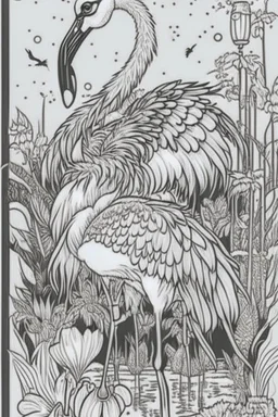 coloring book page of a magical flamingo,monochrome, black and white, sharp, sketch drawing