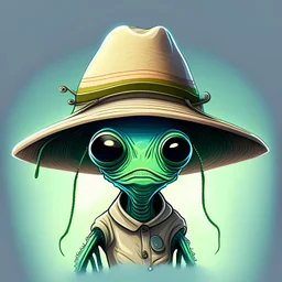 create me an animated alien with a fisherman's hat illustrated style