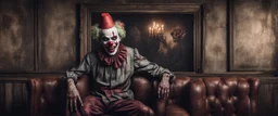 Hyper Realistic Zombie clown creepily smiling in huge dark mansion lounge with a satanic pentagram on a rustic wall