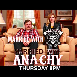 glitchy television promo screen shot, Married with Children's Al Bundy character sitting on couch in a suburban living room beside biker leather dressed Gemma Morrow from Sons of Anarchy, TV show mash-up, Overlayed graphic TV title "MARRIED WITH ANARCHY" with a black and white reaper skull logo, "THURSDAY 8PM"