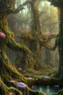 high-quality, fine-detail beautiful, breath-taking forest with gnarled trees, flowers, clear reflective lake, tranquil, stunning, 8k resolution, intricate, digital art, detailed matte, volumetric lighting, George Grie, Anne Dittman, Anne Stokes, Lisa Parker, Selina French, Alphonse Mucha