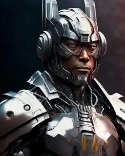 Cyborg armor with helmet on head serious face