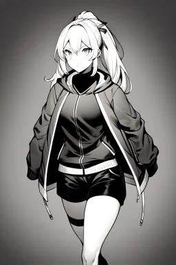 blonde girl with ponytails dressed in a jacket and shorts, dark corridor, greyscale