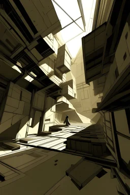 a scene from the short "the void", in the style of cubist fractured perspectives, dramatic light and shadow, concept art, blown-off-roof perspective, sepia tone, windows xp, imaginative prison scenes