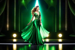 a very beautiful lady with makeup and curvy hair, wearing a pretty green jewelled long skirt with blouse and high heels, dancing over a modern stage with luxury metalic fractal recursive structures and dynamic color lights.3by 2