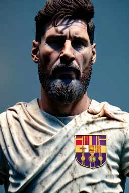 Ultra Realistic image, roman sculpture, luxury white marble material, Lionel Messi, leaves Laurel crown, Renaissance style, miguel angel style, chisel style, soccer jersey, waist up portrait, epic, celestial, cinematic lighting, God light, god rays, 4k resolution, smooth details, ornate details, soft lighting, unreal engine 5, sky background.