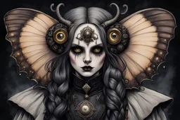 Jean-Baptiste Monge style 19th century hand drawn full body portrait dark gothic fantasy illustration of a walking hybrid Polyphemus moth goth girl, with highly detailed facial features with multi cellular eyes, drawings, 8k, vibrant natural colors,