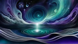 flow theme, abstractions and stunning shapes, water, dark galaxy around, deep sea water with nebula and big deep galaxy, music, soft verry fade 2d nervous system with fade little lightings floatings in background, deep sea, deep colors: dark blue, purple, white, pale green, pale silver gray colors, stunning composition with dremlike vibe, slow flow of a light wave-like water, deep colors, emotional, etheral, neurodivergens ambient soul , abstractions, soft pale neuron web, stunning, cinemati