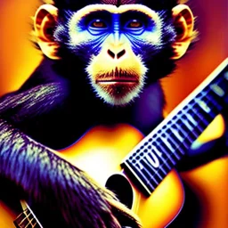 cubist painting of a monkey playing a guitar, 6 strings, fingers