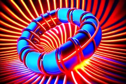 an even and symmetrical coiled tube coloured from blue to red and light bulb placed next to it shining gentle rays of light onto the coil
