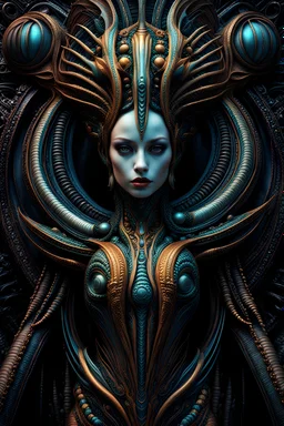 Giger style beautiful strange looking extraterrestrial woman, expressive and mysterious, deep colors, detailed matte painting, fantastical, intricate detail, splash screen, colorful, fantasy concept art, 8k resolution, Unreal Engine 5, beautiful iris, sharp focus, centered, symmetric
