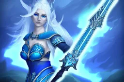 [Sea Elf] [Maormer] Hero Queen with [white hair] and [blue skin] wielding a blue glass greatsword on a ship with crew [fantasy] [realism] [Elder scrolls]