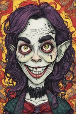 a cartoon illustration of a schizophrenic goth vampire girl , in the cartoon style of Lynda Barry , Ernie Pook's Comeek, vibrant natural colors, , museum quality masterpiece