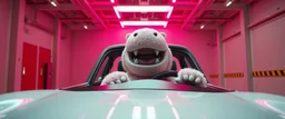 car driving happy 2d neon fluffy test dummy hippo scumbag in the style of Escher and Giger and Fallout 4, pinhole cam, airbrush 3d rendering, on tv screen:A five-second cinematic single take in a clean industrial presentation hall.