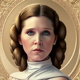 round framed complete and fully detailed head to waist portrait of young carrie fisher as Princess Leia with detailed hairstyle by Mandy Jurgens and mucha and Richard Schmid and chuck close and chie yoshii, beautiful detailed opulent dress,