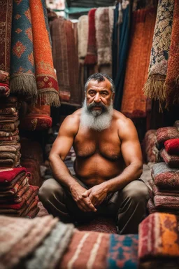 close up photography of a burly beefy strong 49-year-old Turk in Istanbul bazaar, shirtless, selling carpets sitting on a pile of carpets, biig shoulders, manly chest, very hairy, side light, view from the ground