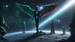 meteorite impact that brought tiberium crystals near the forest on the right in green. and on the right in red, and blue which is getting bigger and getting closer to the angel. And in the middle stands a beautiful angel from another universe and behind him a galaxy in different colors of space on which you can see a spaceship, matrix codes