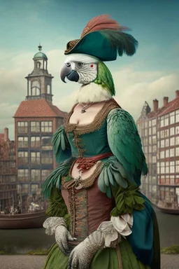 Female Half parrot half human in a 1700s outfit next to a Dutch city