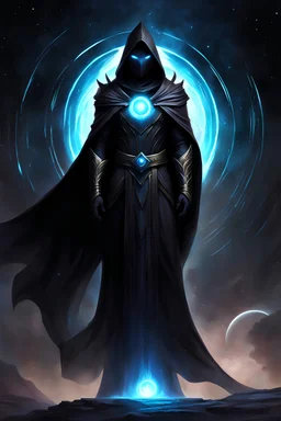 character design, concept art, god of black holes, space void black holes god entity, black void body, glowing eyes, cape of abyss, black hole character design