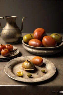 Ravioli by renaissance style still life oil painting, dish, natural tomato, albahaca, olives, oil olive, moisture, art, natural, chef, high kitchen, smooth, gradient color background, unreal engine 5, ray tracing, RTX, lumen lighting, ultra detail, volumetric lighting, 3d.