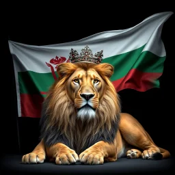Create A hyper-realistic highly detailed image of a majestic lion lying down, wearing a royal crown. The lion's fur should be rich and textured, with a regal and powerful presence. Behind the lion, the flag of the Republic of Bulgaria waves gracefully, its white, green, and red colors vivid and well-defined. The background should be an elegant, deep black, creating a striking contrast that enhances the grandeur of the lion and the flag. The lighting should be dramatic, with