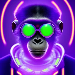 A beautiful portrait of a cyborg monkey purple neon color scheme, high key lighting, volumetric light high details psychedelic background