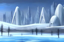 Futuristic buildings near frozen lake, science fiction, realistic painting