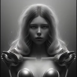 A black and white portrait of a women, long hair, upper body, head and shoulders portrait, 8k resolution concept art portrait by Greg Rutkowski, Artgerm, WLOP, Alphonse Mucha dynamic lighting hyperdetailed intricately detailed Splash art trending on Artstation triadic colors Unreal Engine 5 volumetric lighting