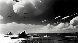 طائرات يابانية تقصف بيرل هاربر، مما أدى إلى دخول الولايات المتحدة الحرب العالمية الثانية.