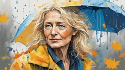 portrait of a Woman 50 years old, blonde, fine drawing, rain, wind, umbrella, Autumn, paint blots, splashes, tears, plants, yellow, blue, green, orange colors, bright