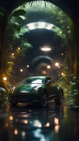 a car shaped like a bucket in dark lit reflective wet jungle metallic hall dome hotel tunnel, in the style of a game,bokeh like f/0.8, tilt-shift lens 8k, high detail, smooth render, down-light, unreal engine, prize winning