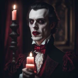 Character design of a Victorian vampire, medium: photography, style: reminiscent of the characters in Bram Stoker's Dracula, lighting: soft, diffused candlelight creating a gothic atmosphere, colors: rich blacks and reds with pops of white, composition: shot with a Nikon D850 DSLR, Nikkor 85mm f/1.4 lens, Resolution 45.7 megapixels, ISO sensitivity: 100, Shutter speed 1/60 second, full body shot capturing the elegant design of the vampire, focus on the character's pale face and intricate costume